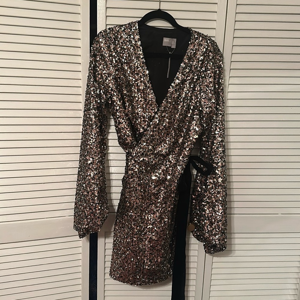 Asos Sequin Wrap Dress NWT gorgeous detail with velvet bow